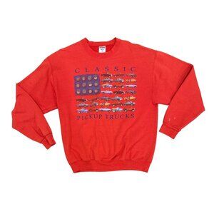 Vintage 90s Red Pickup Truck American Flag Crewneck Sweatshirt Size Medium